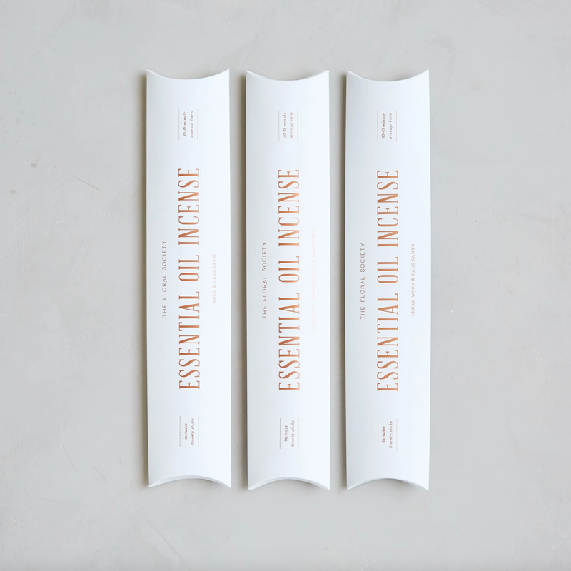 The Floral Society | SAMPLE Essential Oil Incense in white packaging, showcasing handcrafted, therapeutic-grade incense sticks for mood enhancement and meditation.