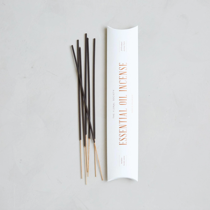 The Floral Society | SAMPLE Essential Oil Incense features a white box and 20 handcrafted sticks, ideal for enhancing mood or meditation.