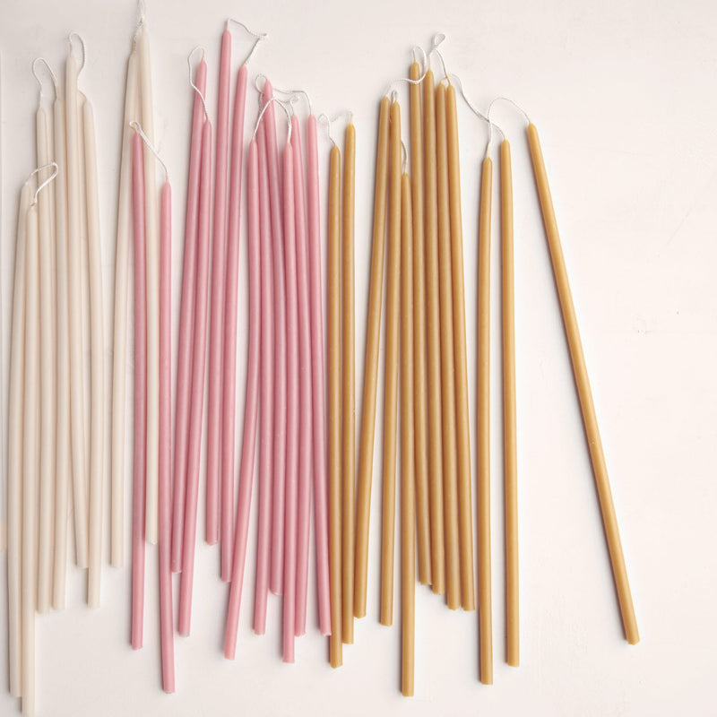 The Floral Society | Long Stem Beeswax Candles, Blossom, showcasing off-white, pink, and honey hues, perfect for intimate settings, crafted for a clean, smoke-free burn.