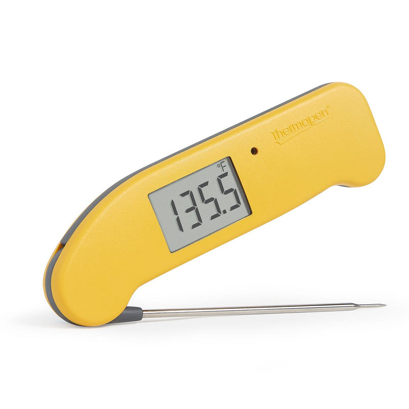 ThermoWorks | Thermapen ONE - Yellow, featuring a user-friendly design with auto-rotating display, motion-sensing mode, and waterproof case for precise, fast readings.