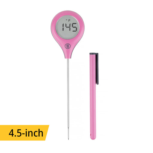 ThermoWorks ThermoPop 2 Thermometer - Pink shown with ergonomic design, auto-rotating backlit display, and waterproof features, ideal for precise kitchen temperature readings.