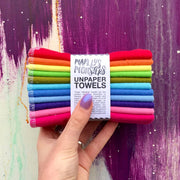 Marley's Monsters UNpaper® Towel Refill Packs, Earthy Rainbow 12-pack, showcasing eco-friendly, reusable cotton flannel towels, ideal for sustainable kitchen use.