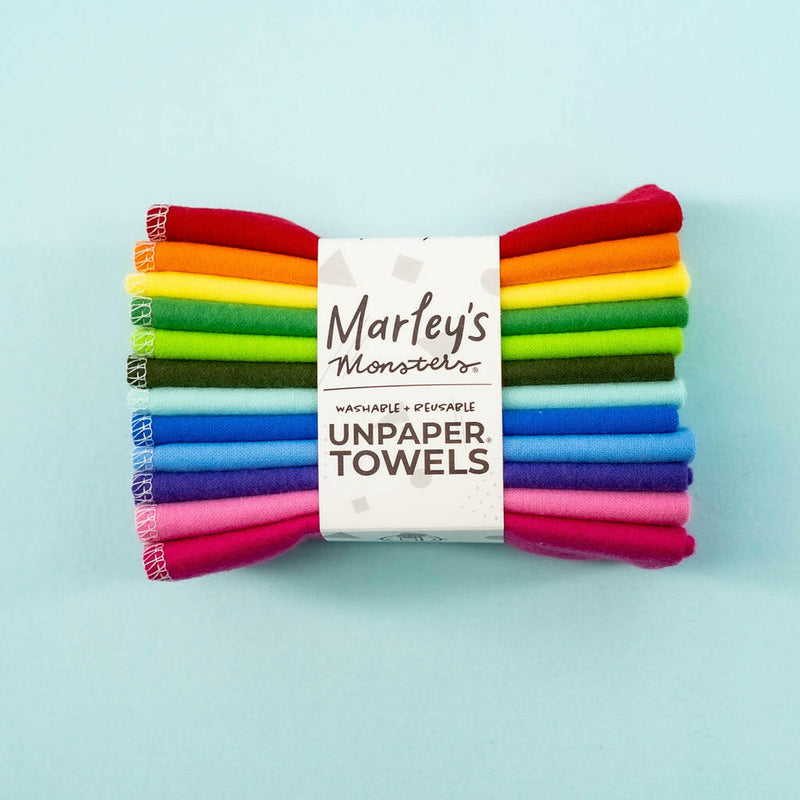 Marley's Monsters UNpaper® Towels - Vintage Oranges, 12-pack, made from absorbent cotton flannel, offer a sustainable alternative to traditional paper towels for various kitchen tasks.