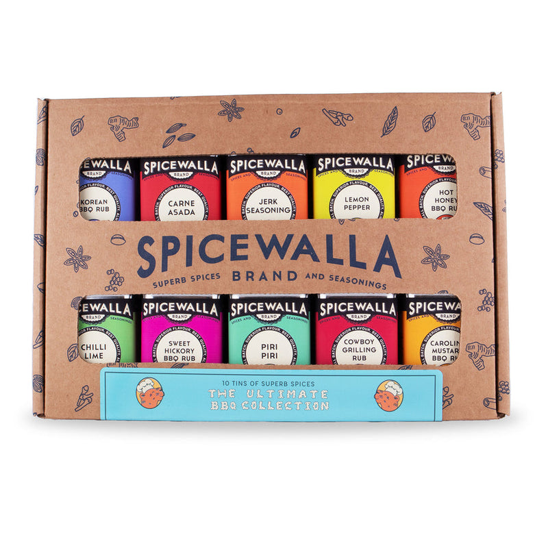 Spicewalla | Ultimate Backyard BBQ Collection, 10 Pack: A boxed set of ten spice tins, including Korean BBQ Rub and Carolina Mustard BBQ Rub, perfect for grilling enthusiasts.