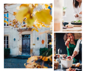 Emile Henry | Salt Pig, Truffle, featured in a three-panel collage showing a rustic building, and kitchen scenes of cooking and baking.