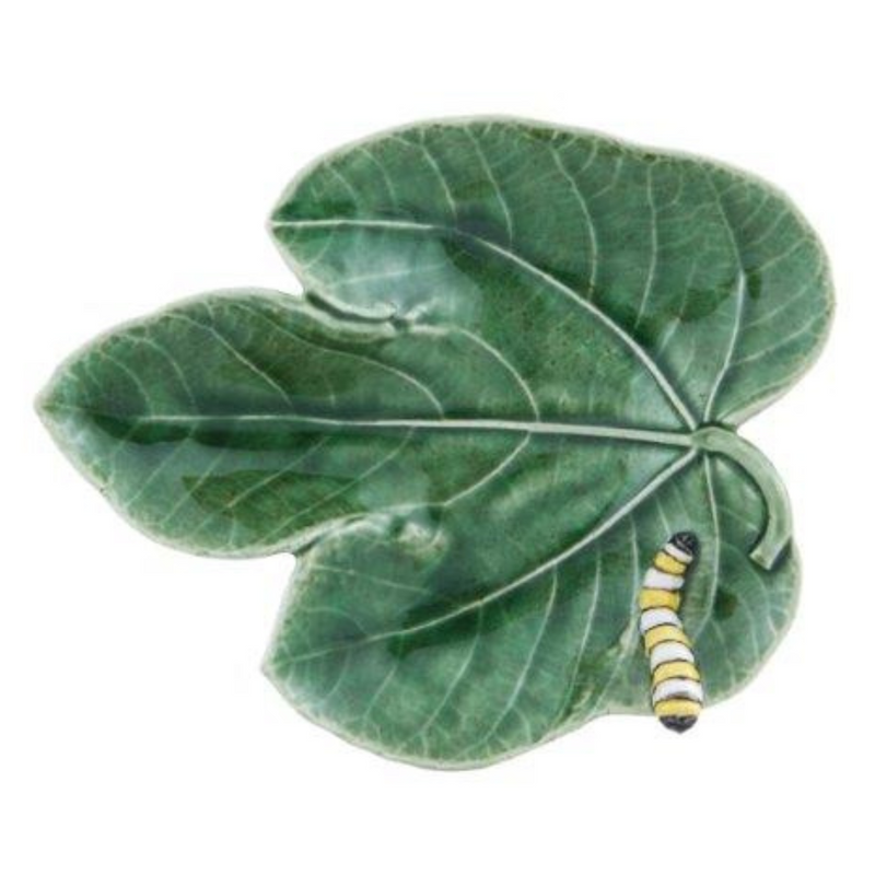 Bordallo Pinheiro | Countryside Leaves Fig Leaf with Caterpillar, depicting a detailed leaf with a caterpillar, crafted for decorative and versatile tabletop use.