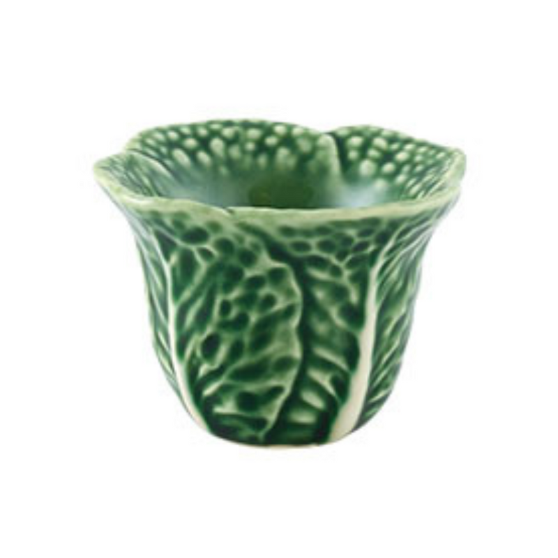 Bordallo Pinheiro Handmade Cabbage Egg Cup, a green and white ceramic bowl inspired by cabbage leaves, perfect for serving eggs or condiments.