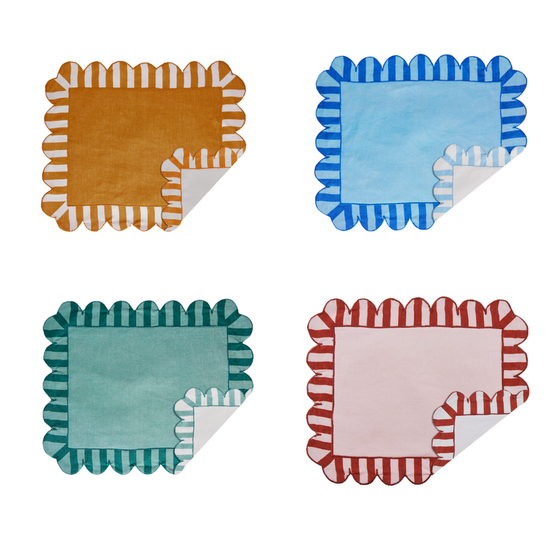 Misette | Jardin Embroidered Linen Scalloped Stripe Double-Sided Placemats in Blue