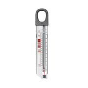 Close-up of the OXO Candy Thermometer, featuring large, offset temperature graphics and an extra-long clip for easy attachment and adjustment during cooking.