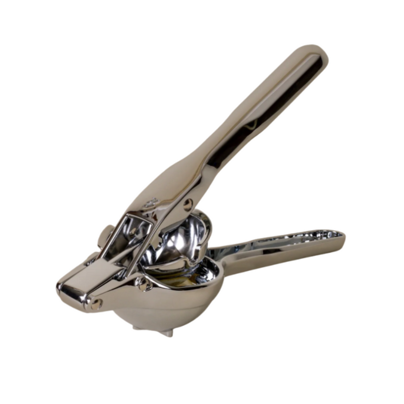 Holcomb Studio | Link Citrus Press, a durable stainless steel juicer with a powerful four-bar linkage and anti-spray shield, designed for efficient lemon and lime pressing.