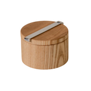 Holcomb Studio | Stash Salt Cellar, wooden container with metal handle, designed to protect salt, enhancing both countertop and tabletop aesthetics with its simple, robust design.