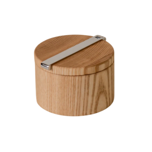 Holcomb Studio | Stash Salt Cellar, wooden container with metal handle, designed to protect salt, enhancing both countertop and tabletop aesthetics with its simple, robust design.