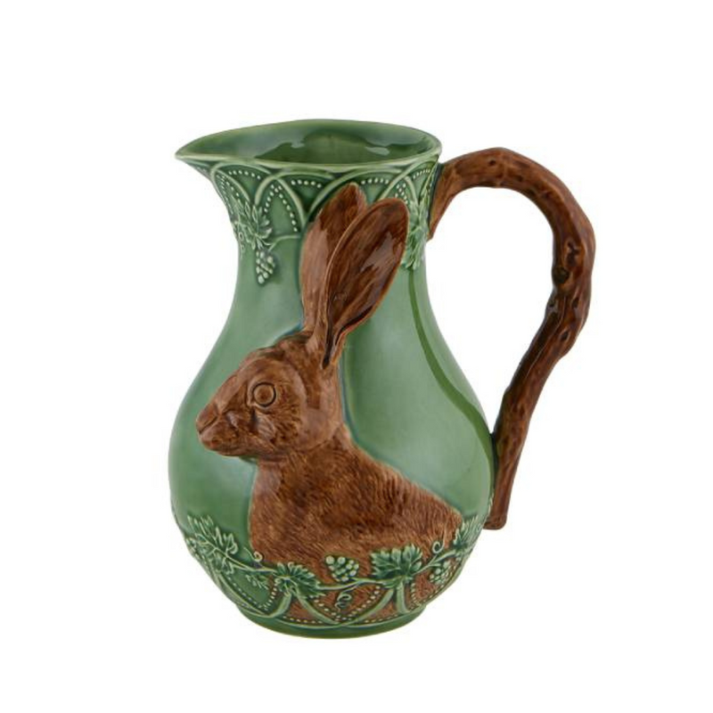 Bordallo Pinheiro | Woods Pitcher Hare, a ceramic pitcher featuring a sculpted rabbit motif, ideal for serving drinks or as a decorative vase.