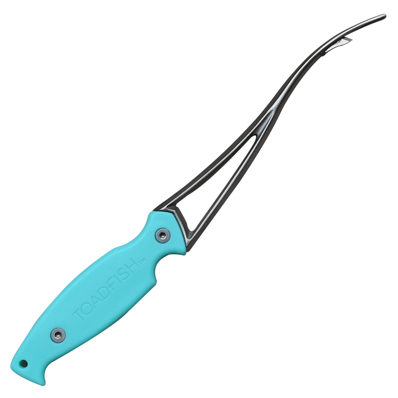 Toadfish Shrimp Cleaner, a blue and silver tool designed for peeling, deveining, and butterflying shrimp in one smooth motion.