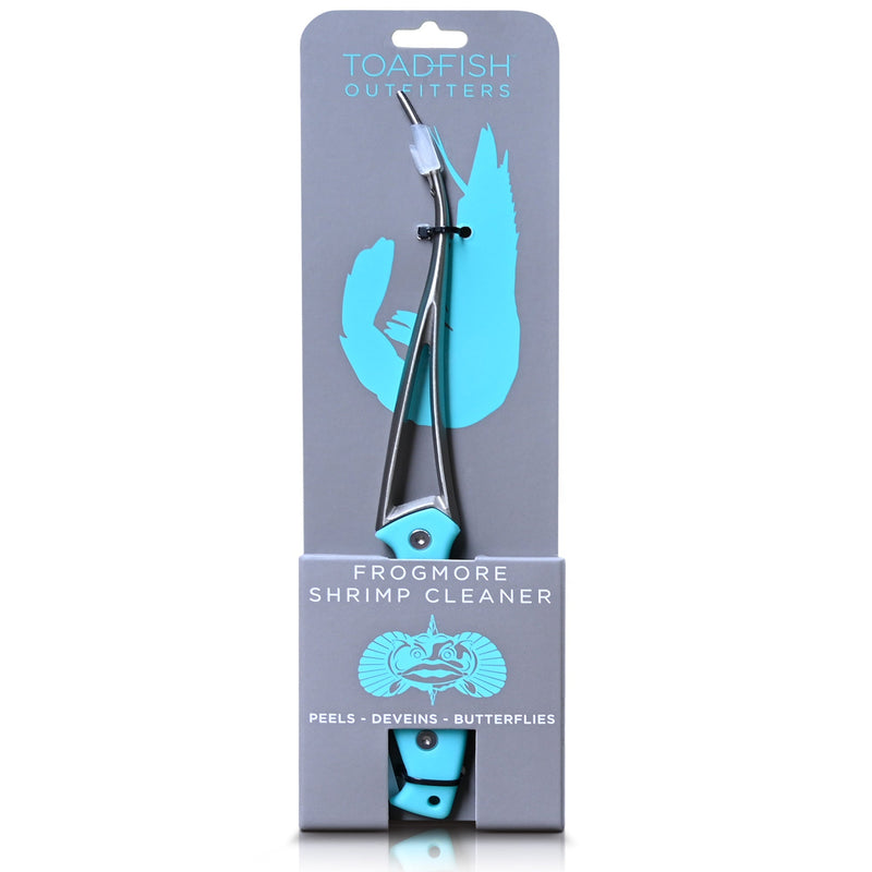 Toadfish Shrimp Cleaner packaged tool, designed for effortlessly peeling, deveining, and butterflying shrimp in one motion, available at Athens Cooks kitchen store.