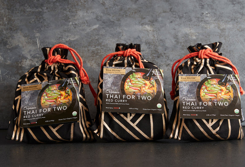 Thai for Two | Cooking Kit - Red Curry, featuring organic ingredients for an authentic Thai meal experience, perfect for home cooking or gifting. Includes a reusable bag.