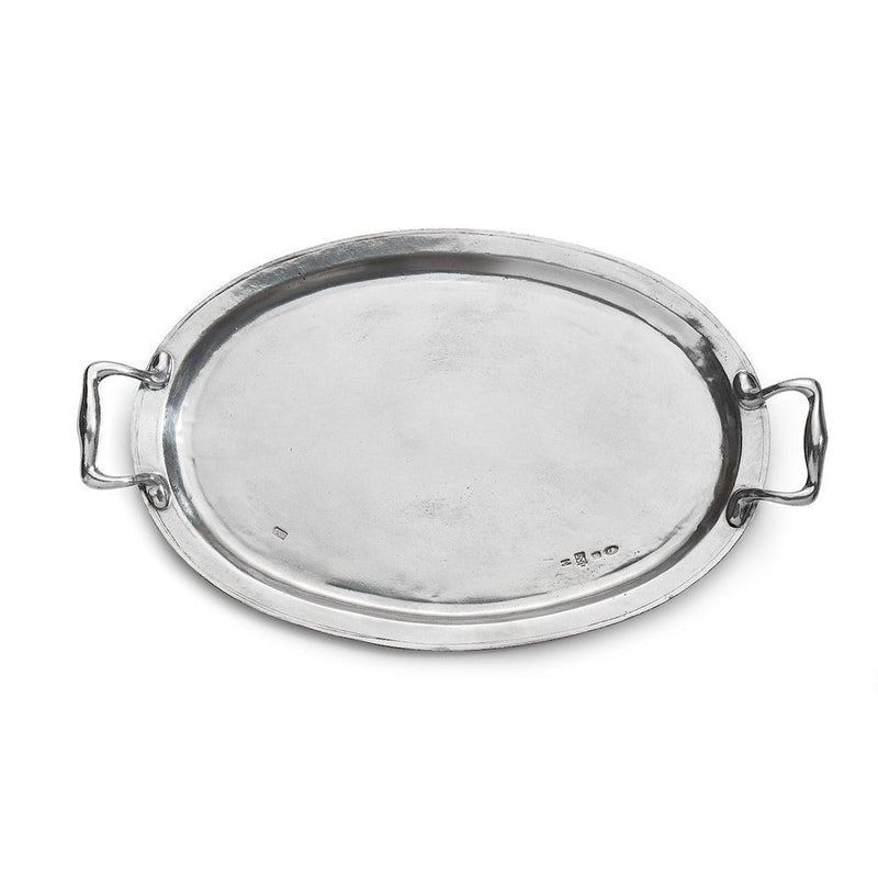Arte Italica & Crown Linen Designs | Vintage Tray with Handles: An oval Italian pewter serving tray with small handles, showcasing a classic vintage design, handmade in Italy.