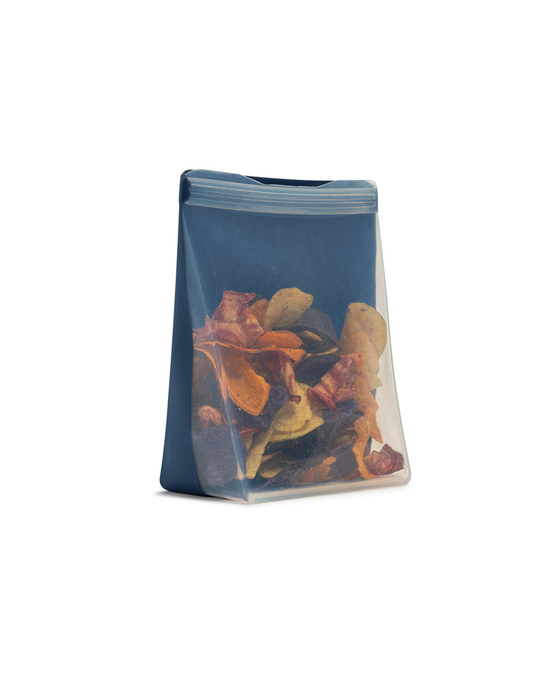 W&P Silicone Reusable Stand-Up Bag, 50 oz, showcases a clear front and colorful back, designed for versatile, plastic-free food storage and more.