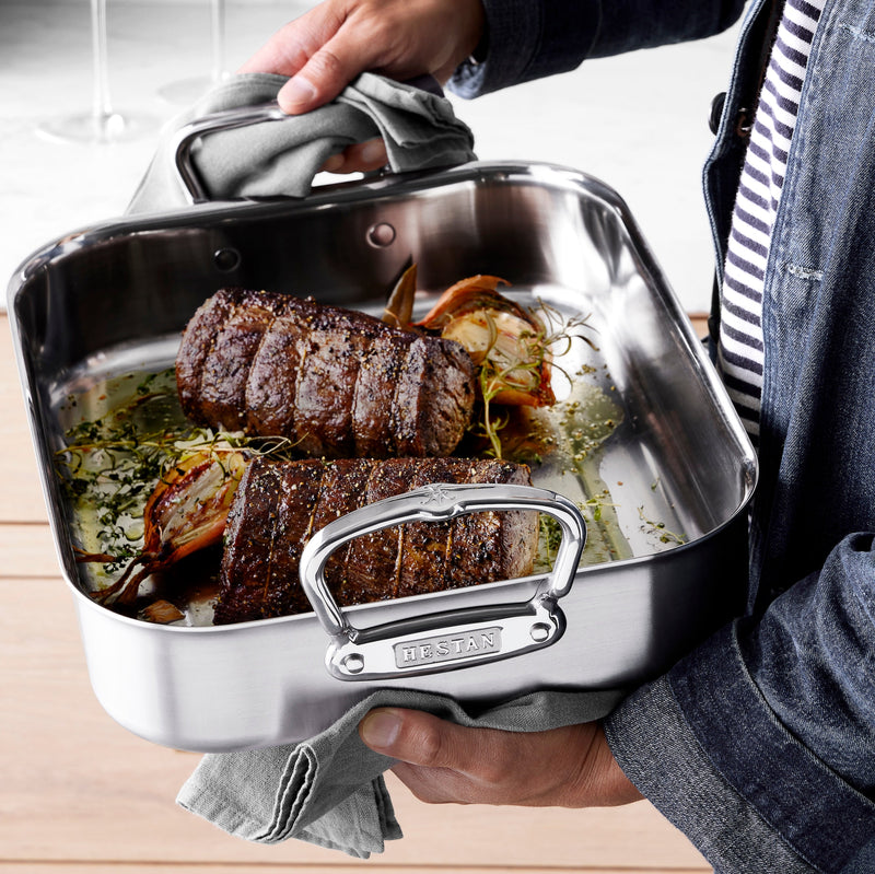 Hestan Provisions | Polished Clad Stainless Steel Roaster with Rack, Small