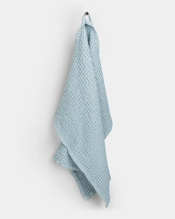 MagicLinen Waffle Kitchen Towels - Dusty Blue - Large, showcasing a durable waffle weave and linen-cotton blend ideal for efficient drying and antimicrobial performance.