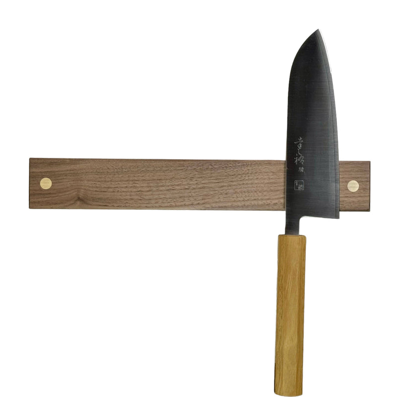 Rune-Jakobsen Design | '2-DOTS' Knife Holder with Brass Details - Walnut - 16, showcasing a sleek magnetic rail for kitchen knives, handcrafted from FSC-certified wood.