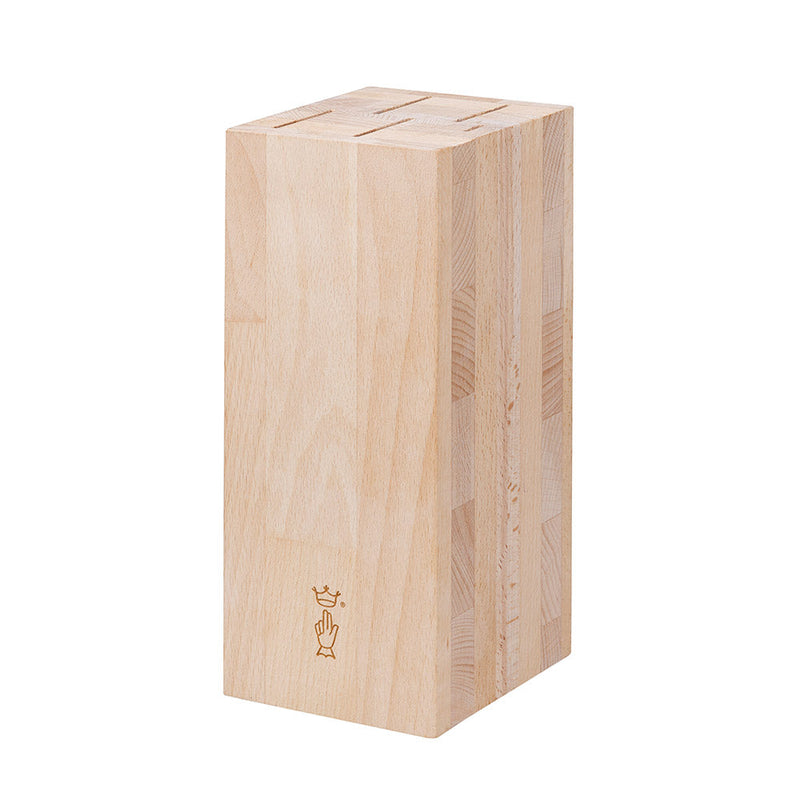 Opinel | 5-Slot Beech Wood Knife Block: Light hardwood block with four large and one small knife slots, featuring a branded front, designed for stability and elegance in any kitchen.