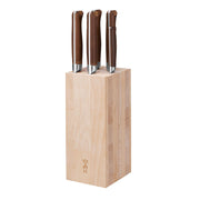Opinel | 5-Slot Beech Wood Knife Block with three knives inserted, showcasing wood-grain handles and a sturdy beech-wood design, ideal for organized kitchen storage.