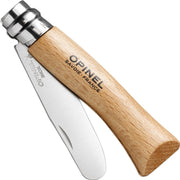 Opinel | N°7 First Opinel Folding Knife, Natural with round-ended blade and Virobloc safety collar, partially opened with wooden handle stamped “OPINEL – Savoie · France.”