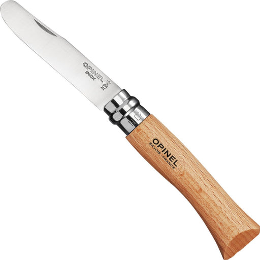 Opinel | N°7 First Opinel Folding Knives, Natural: Classic folding knife with beech-wood handle, round-ended stainless-steel blade, and safety locking collar, ideal for young learners.