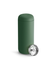 FELLOW | Carter Move Mug, Cargo Green / 16 oz with a stainless-steel filter for infusing or odor control, ideal for on-the-go beverage enjoyment.