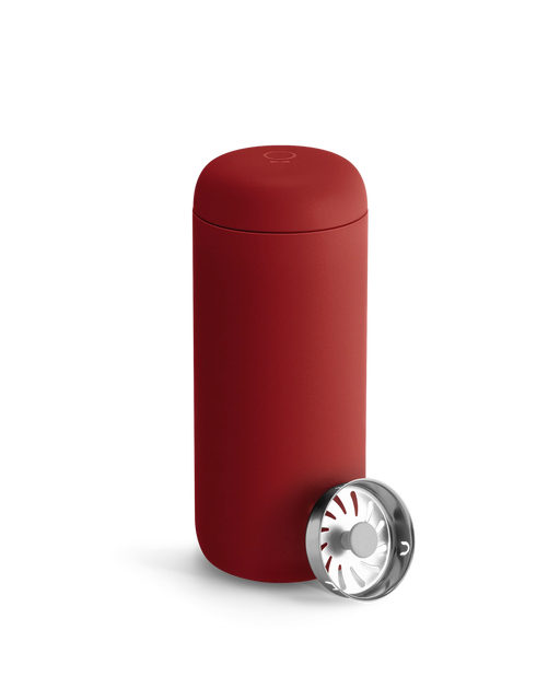 FELLOW - Carter Move Mug: Really Red / 16 oz, featuring a ceramic interior and stainless-steel filter, designed for flavor retention and spill-free travel.