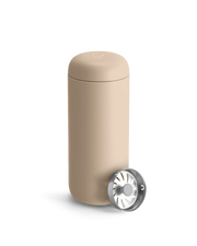 FELLOW Carter Move Mug, Sand Dune, 16 oz, featuring a double-walled tumbler with lid and stainless-steel brew basket, ideal for portable coffee or tea brewing.