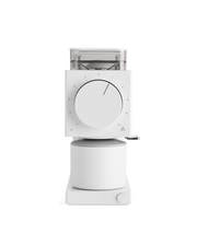 FELLOW | Ode Brew Grinder Gen 2, Matte White: Minimalist electric grinder with adjustable grind settings, clear hopper, large dial, and magnetically aligned catch cup for precise coffee brewing.