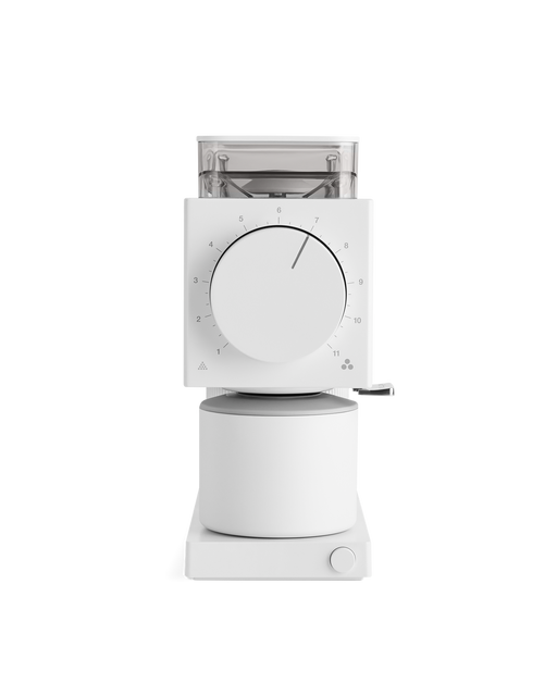 FELLOW | Ode Brew Grinder Gen 2, Matte White: Minimalist electric grinder with adjustable grind settings, clear hopper, large dial, and magnetically aligned catch cup for precise coffee brewing.