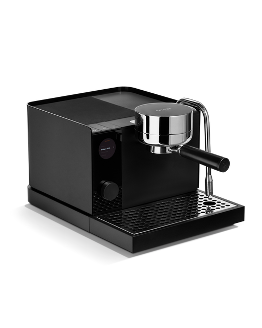 FELLOW | Espresso Series 1, Black: Sleek countertop espresso machine with chrome portafilter, steam-wand, and digital display, designed for professional-level home brewing.