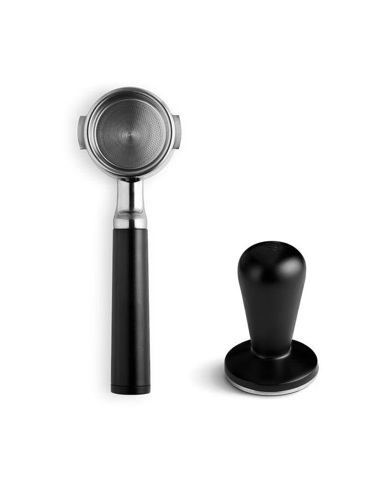 FELLOW | Espresso Series 1, Black: Portafilter and tamper showcased, emphasizing precision and control for consistent, professional-level espresso at home.