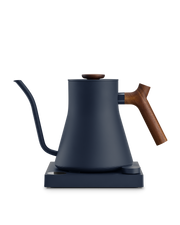 FELLOW | Stagg EKG Pro Electric Kettle, Stone Blue w/ Walnut. Features a precision spout, wooden accents, and a temperature-control base, ideal for pour-over coffee.