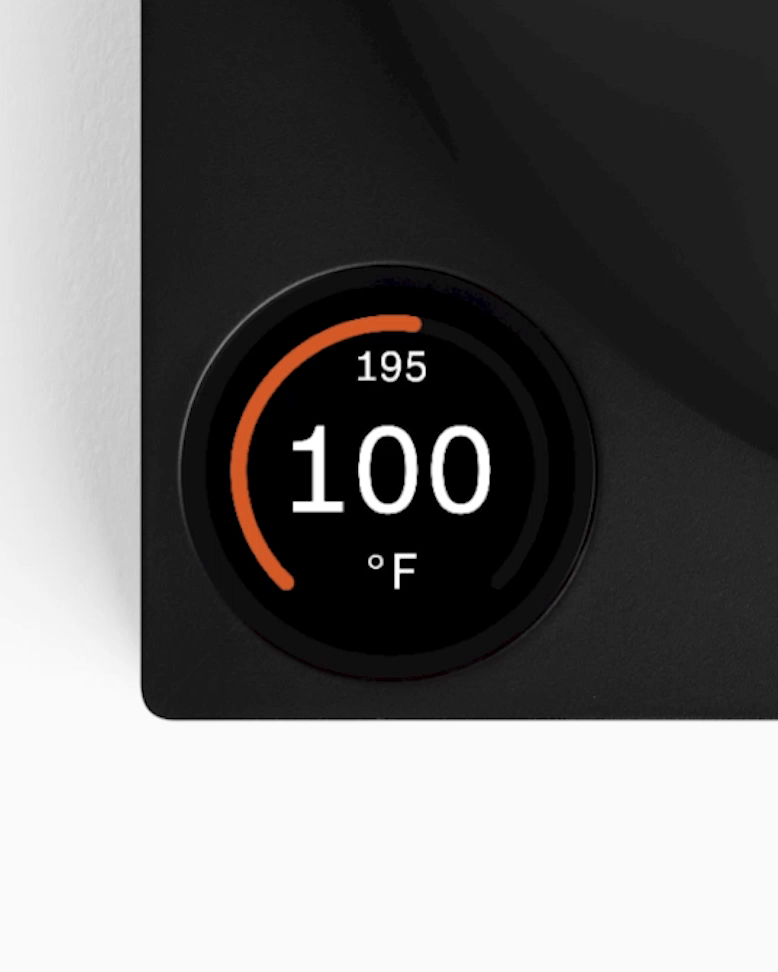 Fellow | Stagg EKG Pro Electric Kettle with digital temperature dial showing 100 °F, featuring variable temperature control for precision brewing.