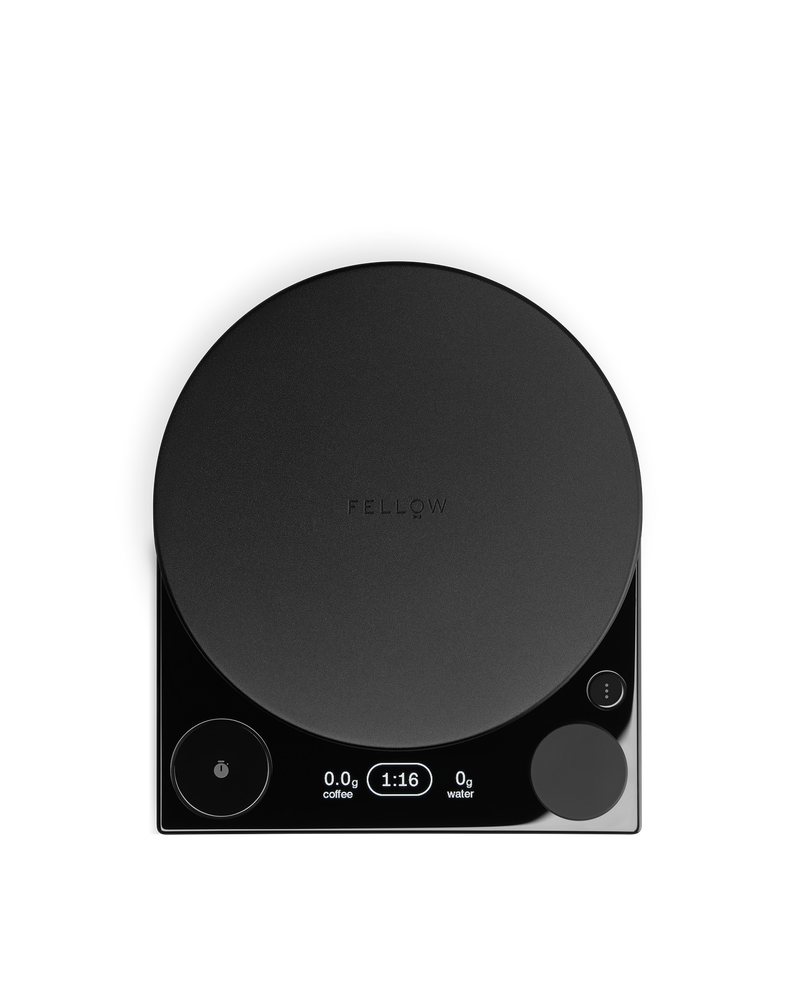 FELLOW | Tally Pro Precision Scale Studio Edition, Black, featuring a digital readout and Brew Assist™ Mode for precise pour-over coffee brewing.