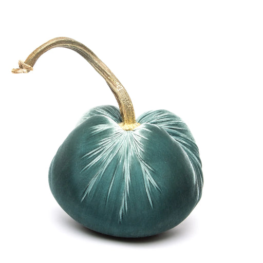 Hot Skwash | Silk Velvet Pumpkins - Wedgwood 3 Inches: A handcrafted, luxurious velvet pumpkin with a unique, naturally sourced stem, signed by creator Daria, enhancing home decor elegance.