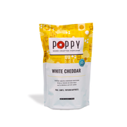 Poppy | Handcrafted Popcorns - White Cheddar, showcasing a bag of gluten-free popcorn with text and logo, perfect for snacking and movie nights.