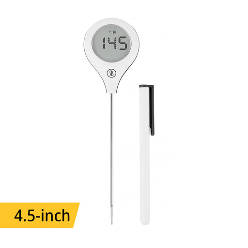 ThermoWorks | ThermoPop 2 Thermometer - White: Digital cooking thermometer with a 4.5″ stainless-steel probe, LCD display showing 145°F, includes protective sleeve with clip.