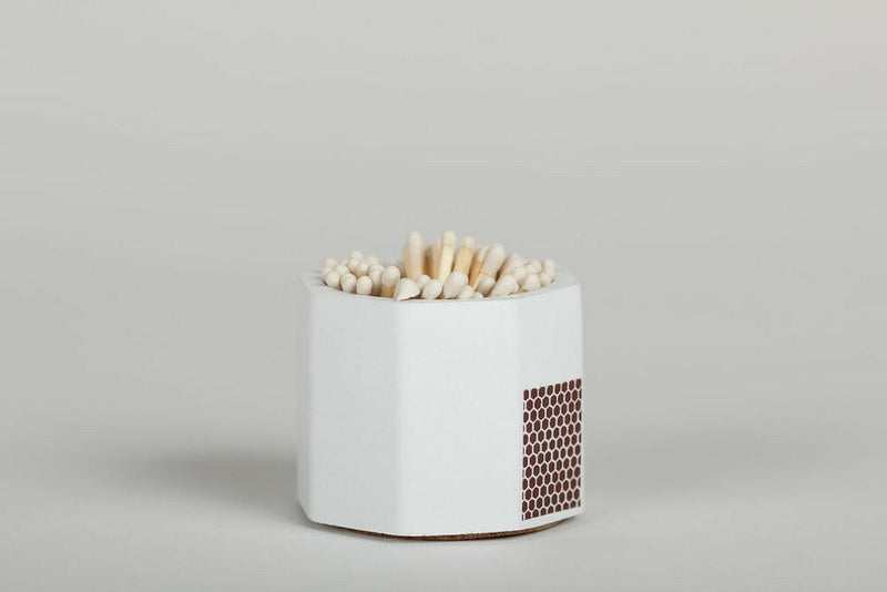 Tenn Prairie Match Holders with Striker, featuring blue matches in a hand-poured concrete holder with cork base, includes 70 matches and attached striker pad.