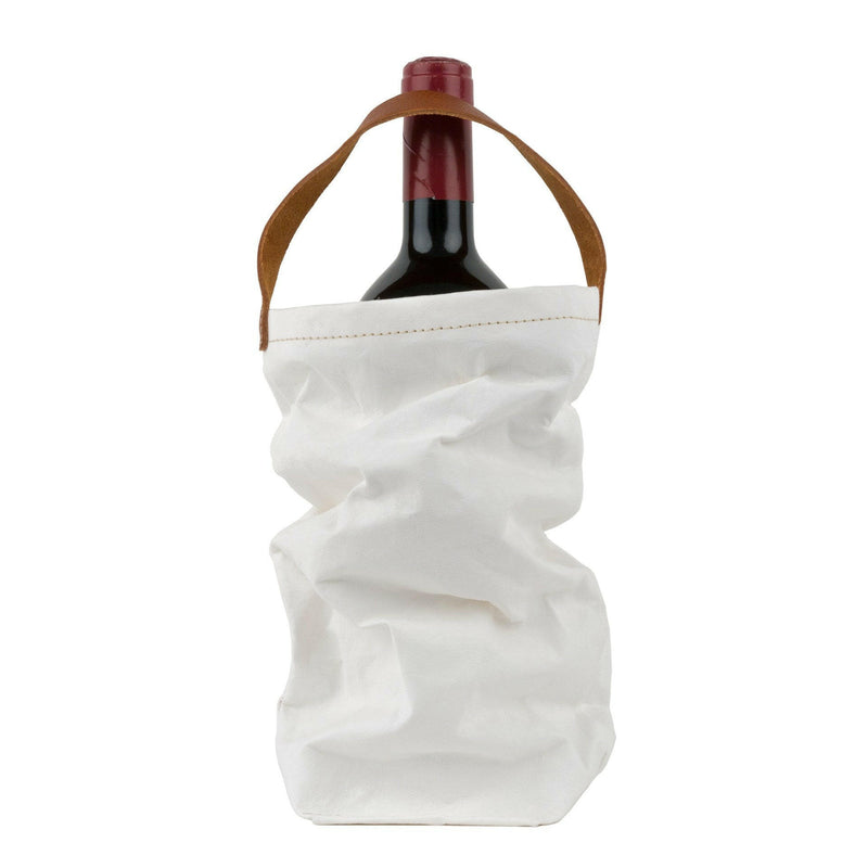 UASHMAMA Wine Bag Carrying Tote with Cooler holds a wine bottle stylishly in a white bag, featuring a durable leather strap.