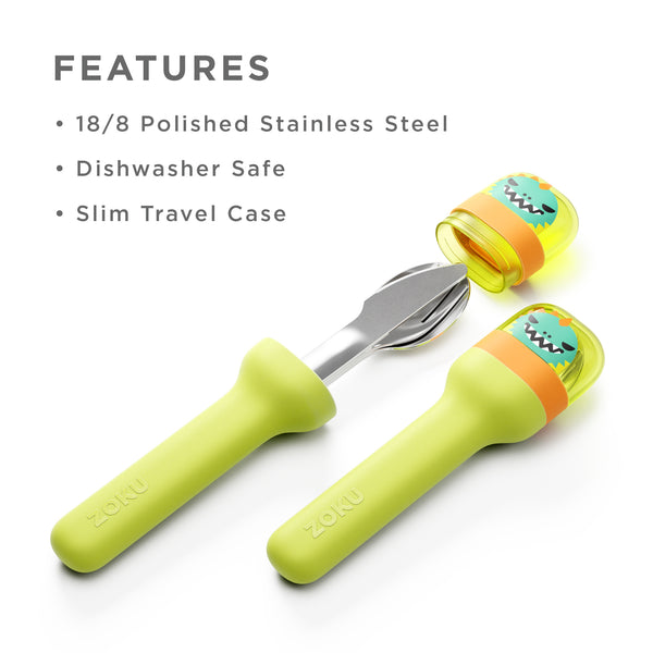 Zoku | Dino Kids Pocket Utensil Set featuring a yellow handle with a cartoon face, ideal for child-friendly dining from Athens Cooks.