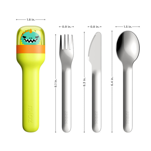 Zoku Dino Kids Pocket Utensil Set featuring a measuring scale spoon and fork, ideal for young diners.
