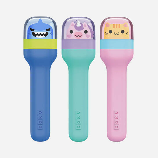 Zoku | Kids Pocket Utensils - Shark, featuring a compact travel case with a spoon, fork, and knife made of durable stainless steel, ideal for kids' lunchboxes.