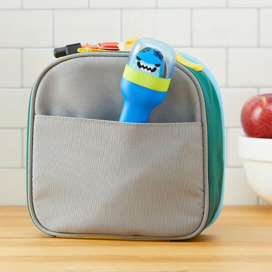 Zoku | Kids Pocket Utensils - Shark, featuring a compact set of stainless steel spoon, fork, and knife in a slim case, perfect for kids' lunchboxes.