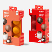 Zoku | Bomb Chocolate Mold set includes silicone molds for creating 12 chocolate bombs, perfect for holiday treats, as depicted with cocoa and marshmallows on packaging.