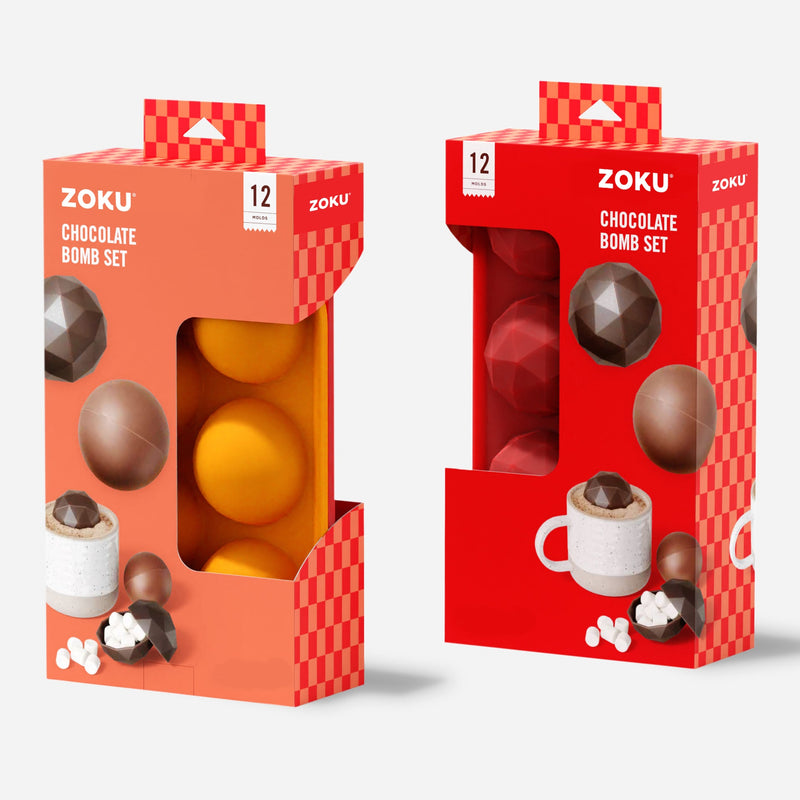 Zoku | Bomb Chocolate Mold set includes silicone molds for creating 12 chocolate bombs, perfect for holiday treats, as depicted with cocoa and marshmallows on packaging.
